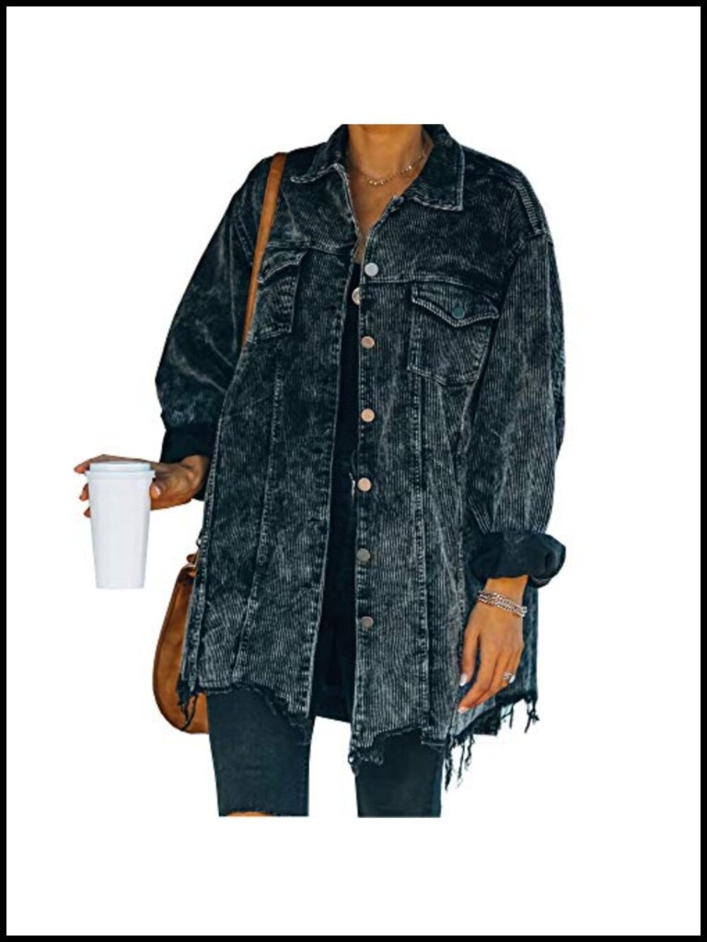 Oversized Corduroy Jacket Retro Button Up Casual Coat Frayed Hem Fall